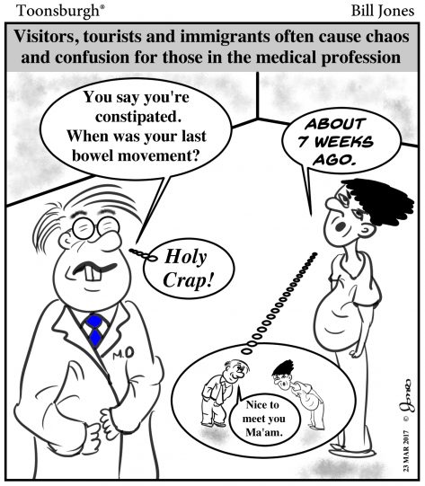 Bill Jones cartoon of language barriers as doctor asks woman when her last bowel movement was and she thinks bow movement.